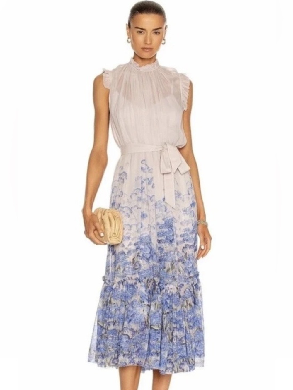 Zimmermann, Wild Botanical pale pink Maxi Dress with Blue Floral Print and sash.